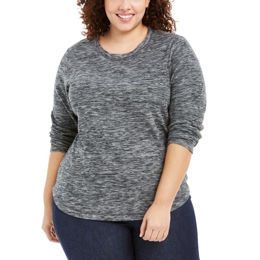 Karen Scott Womens Plus Scoop Neck Long Sleeve Relaxed Microfleece Top Gray